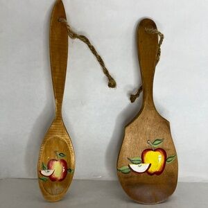 2 Vintage Antique Hand Carved Wooden WallHanging Spoons With Hand Painted Apples